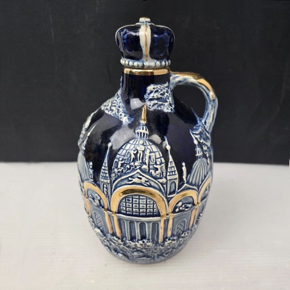 Vintage Tilso Japan Musical Decanter Jug Music Box w/ Stopper 3D Cobalt Blue 8"